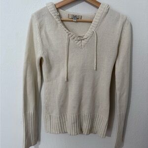 L.E.I Cream V-Neck Hooded Sweater with Drawstring